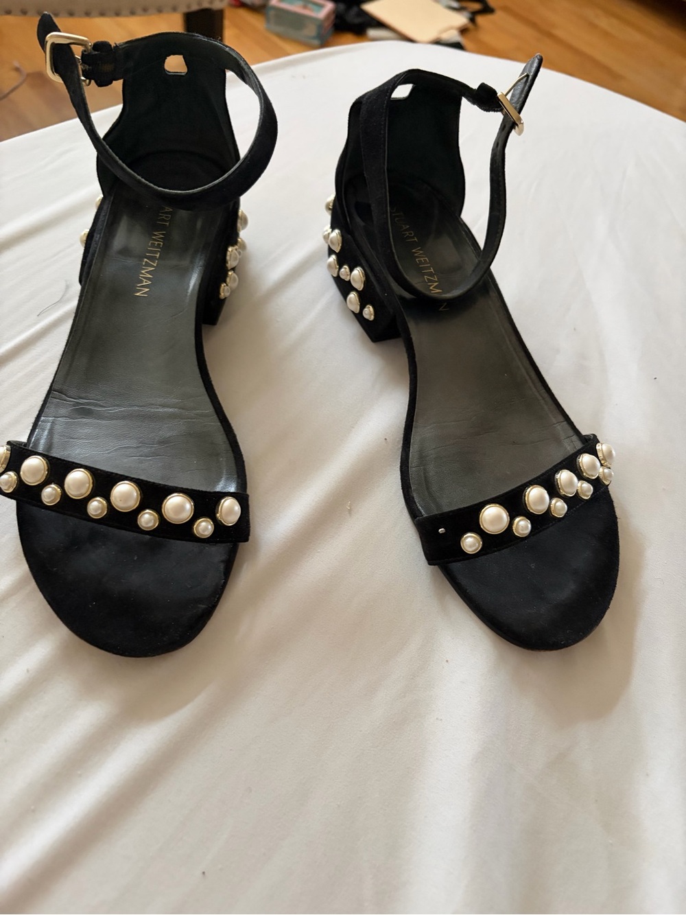 Stuart Weitzman Black Pearl-Studded Ankle-Strap Sandals
